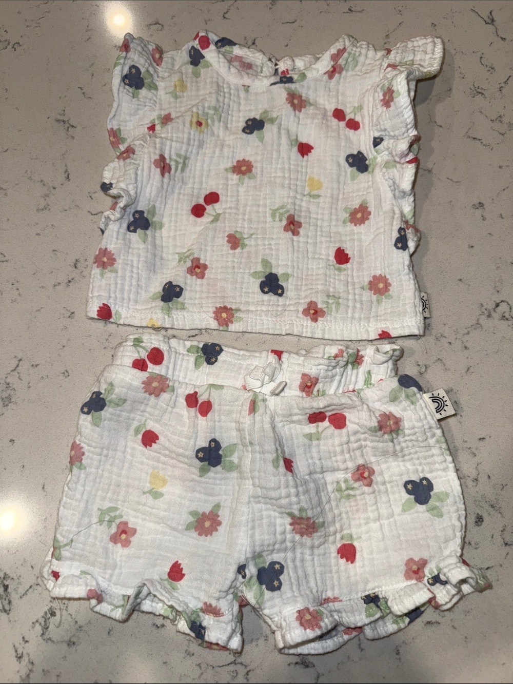 White Floral Muslin Top & Shorts Set - Multi Floral Print